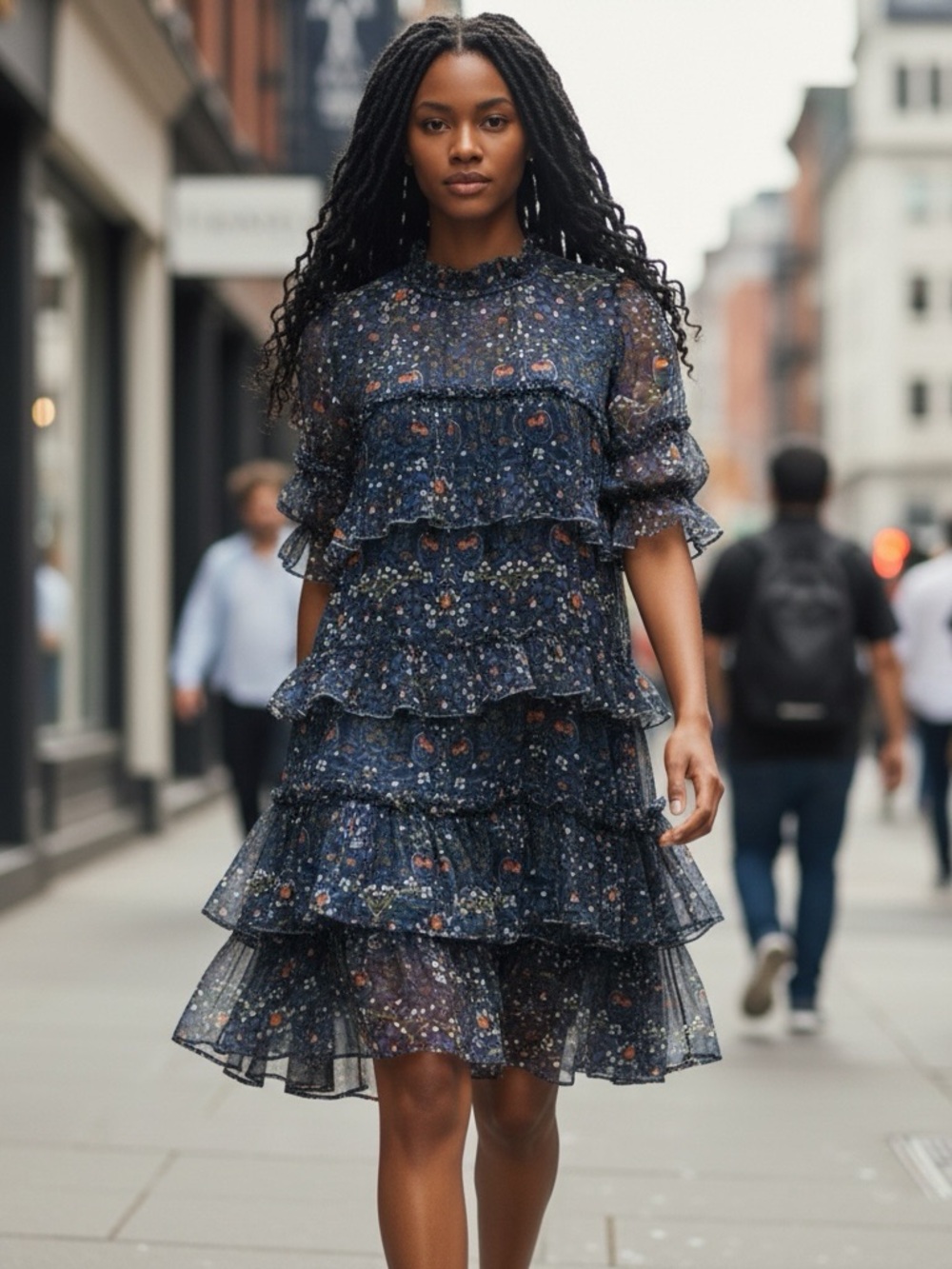 Velvet by Graham and Spencer Tiered Ruffles Flutter Sleeves Navy Floral Dress